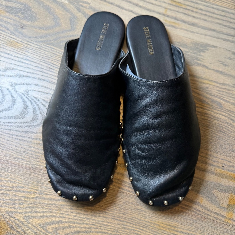 Steve Madden Pearson Black Leather Studded Flat Mules Slides 10M